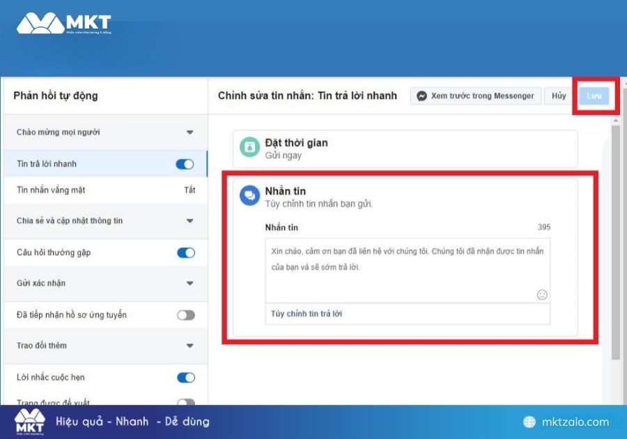 Mẫu tin nhắn trả lời nhanh fanpage