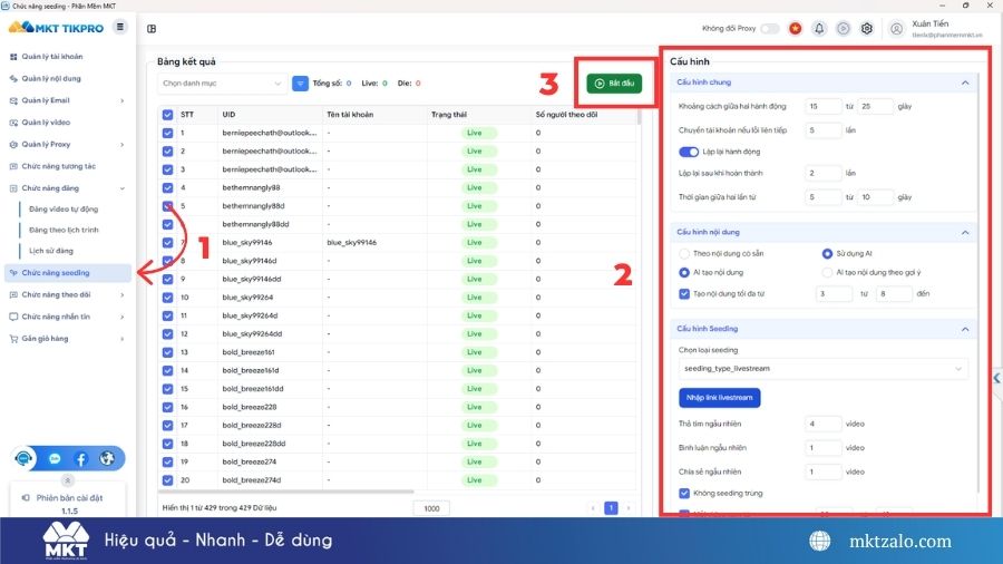 Cách seeding live TikTok